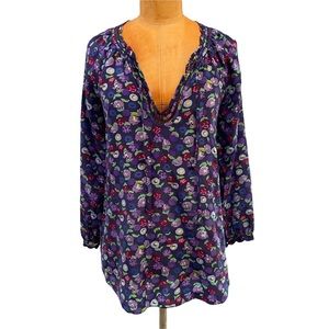 REBECCA TAYLOR Long-Sleeved Blue Floral Silk Top Split V-Neck 3/4 sleeve Blouse